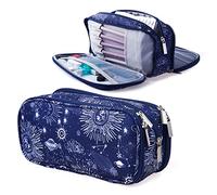 Trousse à crayons Soleil et Lune - Grande capacité - 3 compartiments - En toile - Pour bureau, école - Cadeau zodiaque, lune et étoile