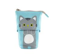 Trousse à crayons télescopique avec fermeture éclair Motif chat, bleu | Porte-stylo debout pour l'école, le bureau, les voyages
