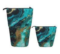 Trousse à crayons télescopique avec imprimé marbre bleu turquoise doré pour bureau, papeterie, trousse à crayons rétractable pour le travail, Noir , Taille unique