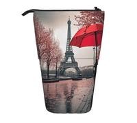 Trousse à crayons télescopique avec motif Tour Eiffel avec imprimé parapluie rouge Grande capacité Pop Up Sac de rangement pour fournitures de bureau
