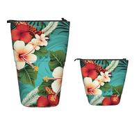 Trousse à crayons télescopique de grande capacité pour vélo de route, trousse à crayons rétractable, porte-stylos, trousse de maquillage pour fournitures de bureau, Fleurs hawaïennes sur fond vert