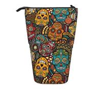 Trousse à crayons télescopique en tissu Oxford avec motif de crânes et de sucre - Portable - Pour garçons et filles, Noir , Taille unique