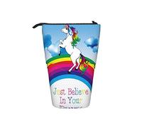 Trousse à crayons télescopique licorne Stand up Pen Bag avec un arc-en-ciel avec des éléments de décoration étoiles Licorne mignonne et texte Just Believe In Your Dreams Organisateur de crayons mignon