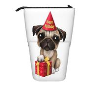 Trousse à crayons télescopique New York Night Papeterie Trousse de maquillage Portable Bureau Papeterie Sac pour Adolescentes Filles Adultes, Adorable chiot carlin avec inscription « Happy Birthday »,