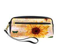 Trousse à crayons, tournesol aquarelle et papillon sur une vieille lettre, pochette en cuir synthétique avec fermeture éclair pour garçons et filles, fournitures scolaires et de bureau