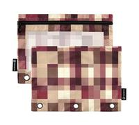 Trousse à crayons transparente à motif géométrique carrés bordeaux neutre pour classeur à 3 anneaux avec étanche pour fournitures scolaires