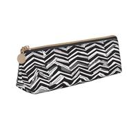 Trousse à crayons triangulaire pour l'école, le bureau, les voyages, en cuir avec imprimé zigzag noir, blanc, marron clair, sac à stylos étanche, porte-accessoires d'écriture, pochette compacte zippée