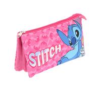 Trousse À Crayons Triple Disney Stitch -Rose - 3 Compartiments - Fermeture Éclair - 22 X 11 Cm