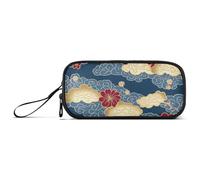 Trousse à crayons vintage japonaise en nylon avec fermeture éclair - Grande capacité - Pour l'école - Pour adolescents et garçons - Bleu et doré