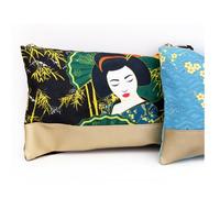 Trousse à maquillage coton 'Geisha' noir vert - 22x17x5 cm [R0844]