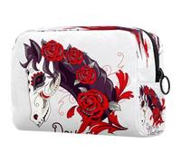 Trousse à maquillage Day of The Dead Horse pour femme, trousse de toilette de voyage, grande pochette de maquillage pratique avec fermeture éclair, multicolore, 18.5x7.5x13cm/7.3x3x5.1in, Trousse de