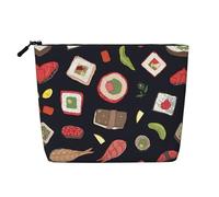 Trousse à maquillage en imitation lin avec imprimé sushi japonais, noir, grande capacité, essentiel pour les voyages et les voyages d'affaires