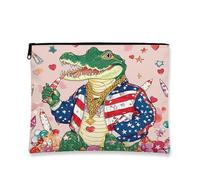 Trousse à maquillage Pop Art Crocodile, style vintage patriotique, sac à fermeture éclair, organisateur de cadeaux de vacances, vert, 7x9 Inch, Crocodile