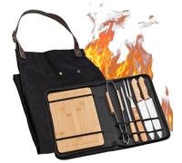 Trousse à outils portable pour barbecue avec ensemble de couteaux en acier inoxydable, pinces, brochette de grill, tablier en toile, planche en bois pour camper, camping et cuisine, outils de cuisson.