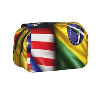 Trousse à stylos à double clapet avec imprimé drapeaux américains et brésiliens, poches zippées, grande capacité pour fournitures d'art et voyages