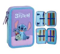 Trousse avec Accessoires Stitch avec marqueurs, Crayons et stylos | Trousse Scolaire Triple avec Motif Disney, Point (Stitch), 12.5x19.5x4.5 cm, Licence