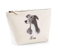 Trousse Beige Greyhound (lévrier Anglais) 02-Portrait-Art | Trousse de Toilette en Coton 3 L avec Zip Métal et Fond Plat | Maquillage École Câbles | Cadeau Anniversaire