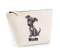 Trousse Beige Greyhound (lévrier Anglais) 03-Chibi | Trousse de Toilette en Coton 3 L avec Zip Métal et Fond Plat | Maquillage École Câbles | Cadeau Anniversaire