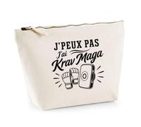 Trousse Beige J’Peux Pas j’AI Krav Maga | Trousse de Toilette en Coton 3 L avec Zip Métal et Fond Plat | Maquillage École Câbles | Cadeau Anniversaire