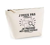 Trousse Beige J’Peux Pas Je préfère Mes Cartes Postales | Trousse de Toilette en Coton 3 L avec Zip Métal et Fond Plat | Maquillage École Câbles | Cadeau Cartophile Anniversaire