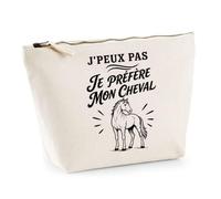 Trousse Beige J’Peux Pas Je préfère Mon Cheval J'peux Pas Minimaliste | Trousse de Toilette en Coton 3 L avec Zip Métal et Fond Plat | Maquillage École Câbles | Cadeau Anniversaire