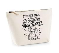 Trousse Beige J’Peux Pas Je préfère Mon Teckel J'peux Pas Minimaliste | Trousse de Toilette en Coton 3 L avec Zip Métal et Fond Plat | Maquillage École Câbles | Cadeau Anniversaire