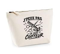 Trousse Beige J’Peux Pas Je suis Coiffeur J'peux Pas Minimaliste | Trousse de Toilette en Coton 3 L avec Zip Métal et Fond Plat | Maquillage École Câbles | Cadeau Anniversaire