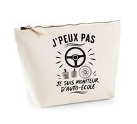 Trousse Beige J’Peux Pas Je suis Moniteur d’Auto-école J'peux Pas Minimaliste | Trousse de Toilette en Coton 3 L avec Zip Métal et Fond Plat | Maquillage École Câbles | Cadeau Anniversaire