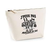 Trousse Beige J’Peux Pas Je suis Moniteur de Ski J'peux Pas Minimaliste | Trousse de Toilette en Coton 3 L avec Zip Métal et Fond Plat | Maquillage École Câbles | Cadeau Anniversaire