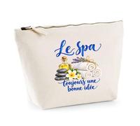 Trousse Beige Le Spa, Toujours Une Bonne idée | Trousse de Toilette en Coton 3 L avec Zip Métal et Fond Plat | Maquillage École Câbles | Cadeau Amateur et Amatrice de Bien-être Anniversaire