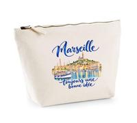 Trousse Beige Marseille, Toujours Une Bonne idée | Trousse de Toilette en Coton 3 L avec Zip Métal et Fond Plat | Maquillage École Câbles | Cadeau Marseillais Marseillaise Anniversaire