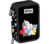 Trousse BT21 noire école primaire triple, trousse à crayons et porte-crayons complet avec 18 crayons de couleur, 18 feutres et kit de papeterie + cadeau porte-clés sifflet et stylo coloré,