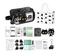 Trousse Chat Noir Pochette Cartable 10 Compartiments avec Stickers, Stylos, | avec Autocollants, Stylos, Notes Autocollantes, Poupées en Peluche Trousse Scolaire pour