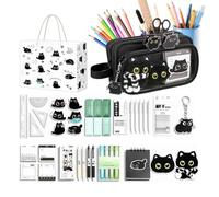 Trousse Chat Noir Pochette Cartable 10 Compartiments avec Stickers, Stylos, | avec Stickers, Stylos, Notes Autocollantes, en Peluche, Trousse à Fermeture Éclair pour R