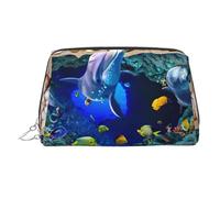 Trousse de beauté portable 3D avec imprimé dauphin du monde sous-marin, pochette de voyage compacte avec fentes intérieures organisées pour un usage quotidien, Argenté., One Size