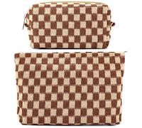 Trousse de maquillage à carreaux pour femme - Grande capacité - Rose - Trousse de maquillage de voyage pour sac à main avec fermeture éclair - Organiseur de toilette mignon Y2K - Esthétique et