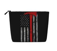 Trousse de maquillage à fermeture éclair avec drapeau rouge et hache de pompier, grande capacité, faux chanvre pochette de voyage pour usage quotidien pour femme