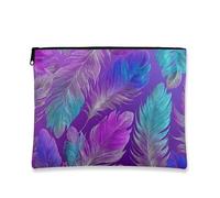 Trousse de maquillage à imprimé plume, violet vif et bleu sarcelle, pochette de voyage pour femme, grande toile portable avec fermeture éclair, cadeau pour festivals et été, violet, 7x9 Inch, Plumes