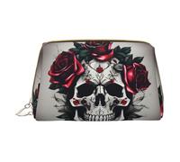 Trousse de maquillage à main en cuir avec fermeture éclair et motif tête de mort et rose rouge, blanc, Taille unique