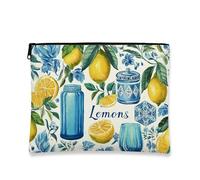 Trousse de maquillage à motif citron, trousse de voyage élégante en toile avec fermeture éclair, organiseur de cadeau d'été, jaune, 7x9 Inch, Citrons