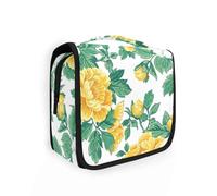 Trousse de maquillage à motif pivoine jaune et blanche avec crochet de suspension à fermeture éclair avec poignée verticale autoportante