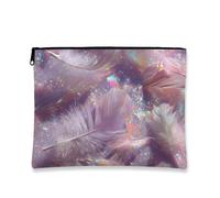 Trousse de maquillage à plumes pastel, douce pêche et lavande pour femme, petite trousse de toilette portable en toile avec fermeture éclair, accessoire floral printanier, pêche, 7x9 Inch, Plume