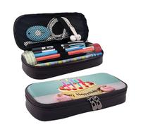 Trousse de maquillage à rabat en cuir avec imprimé « Happy Birthday Big Cake », sac de rangement à fermeture éclair, sac de papeterie à rabat en cuir, noir, taille unique, Noir , Taille unique