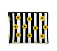 Trousse de maquillage à rayures tournesol, sac de voyage à fleurs jaunes pour femme, organiseur portable en toile avec fermeture éclair, cadeau de festival d'été, trousse de toilette, noir/jaune, 7x9
