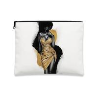 Trousse de maquillage afro dorée métallique chic pour femme, petite pochette portable en toile à fermeture éclair, cadeau de vacances, doré, 7x9 Inch, Afro
