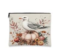 Trousse de maquillage amusante en forme de mouette d'automne, citrouilles d'automne et de feuilles, pochette de voyage pour femme, cadeau pour filles, petite toile portable de campagne avec fermeture