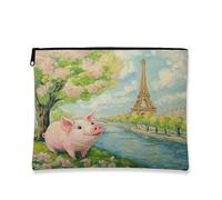 Trousse de maquillage artistique charmante, motif cochons de pêche, paysage parisien, pochette de voyage pour femme, organiseur portable en toile avec fermeture éclair, trousse de toilette de