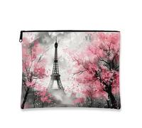 Trousse de maquillage artistique en forme de tour de paris, petite pochette de voyage en toile portable avec fermeture éclair, cadeau de festival de printemps, trousse de toilette, pêche, 7x9 Inch