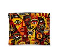Trousse de maquillage artistique, visages abstraits, pochette de voyage vibrante pour femme, petite toile portable à fermeture éclair, trousse de toilette cadeau pour festivals, Rouge, 7x9 Inch