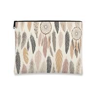 Trousse de maquillage attrape-rêves, plumes de Bohême, pochette de voyage portable pour femme, petite toile à fermeture éclair, pour festivals, beige, 7x9 Inch, Plumes